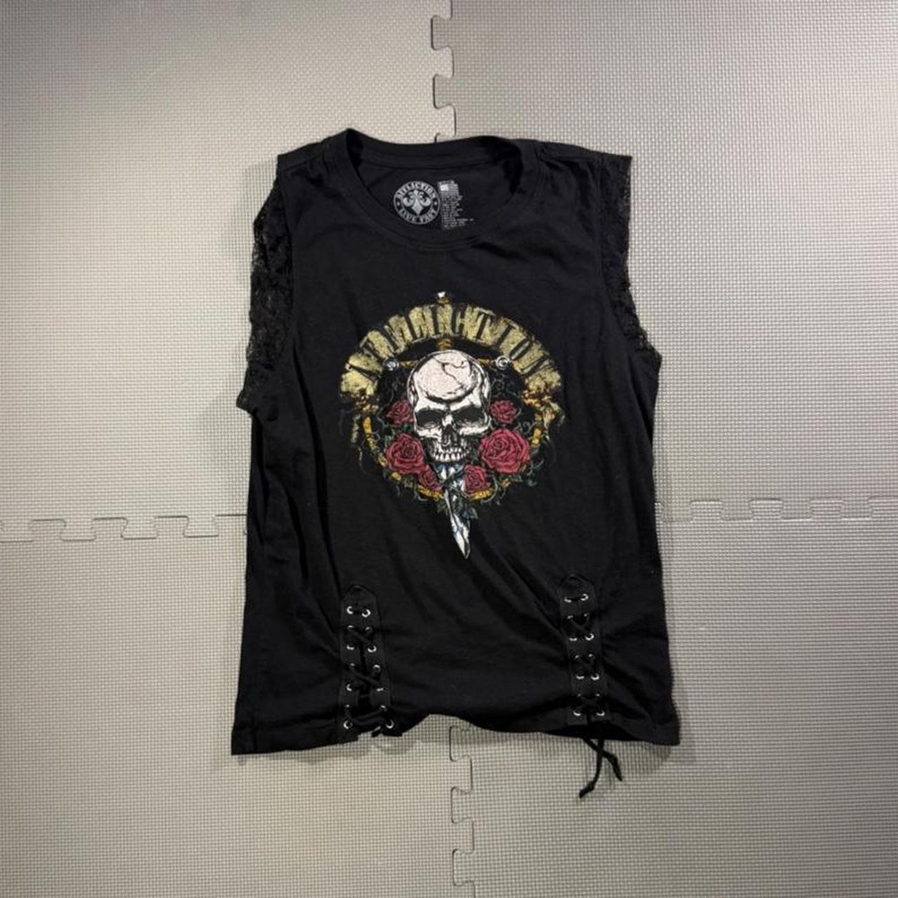 Affliction Skull Roses Lace Trim Tank Top Black Y2K Grunge Edgy Medium